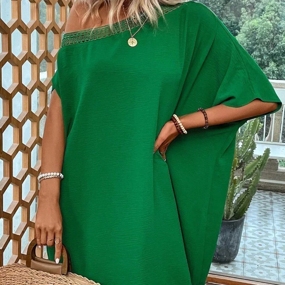 Green Boho Womens Asymmetrical Neck Batwing Sleeve Guipure Lace Trim Dress - Picture 1 of 5